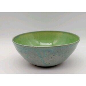 Studio Pottery Serving Bowl Signed E Trees Blue Green Speckled